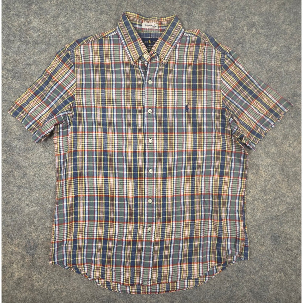Ralph Lauren Mens Indian Madras Plaid Short Sleeve Button Down Shirt Large